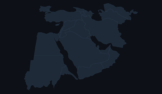 Dark minimalist vector map of the middle east and north africa with country borders