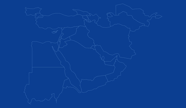Outline map of the middle east and surrounding regions, vector illustration of political borders of countries in the middle east, north africa, and central asia