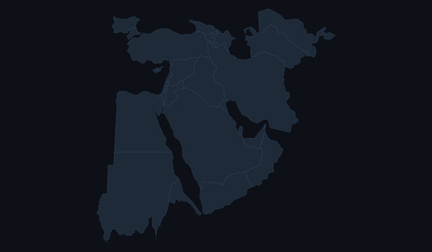 Middle east and north africa map with country borders on dark background