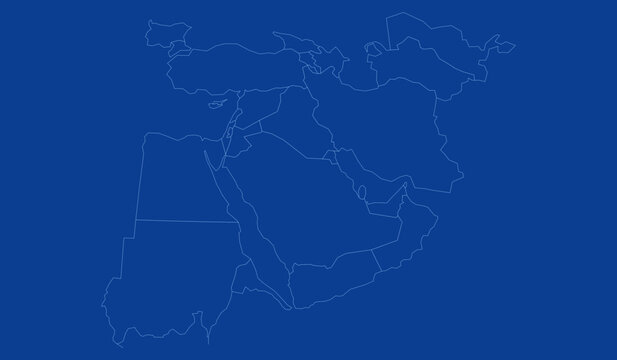 Outline map of the middle east region, showing borders of countries in the middle east, vector illustration