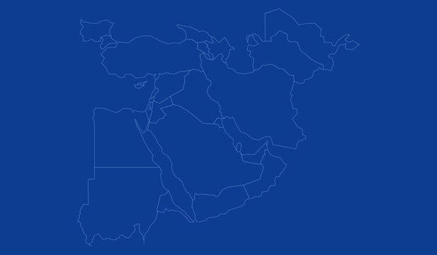 Outline map of the middle east and surrounding regions, including north east africa and central asia, vector illustration