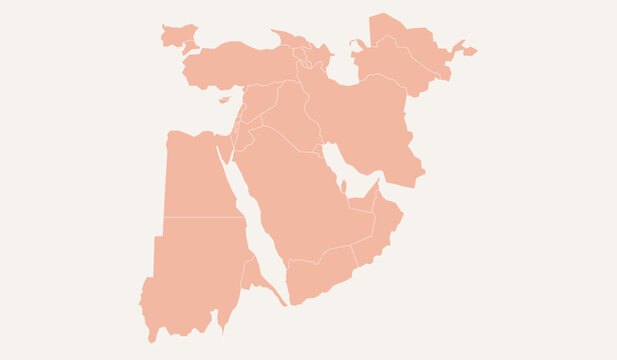 Map of the middle east region, vector illustration of middle eastern countries, geographical silhouette of the middle east, political map of western asia and north africa