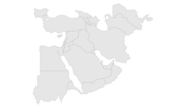 Blank political map of the middle east and north africa region, including countries like saudi arabia, iran, turkey, egypt, and surrounding nations, vector illustration