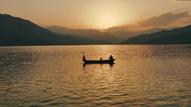 Family rowing wooden boat across serene lake water during golden hour sunset against mountain silhouette.