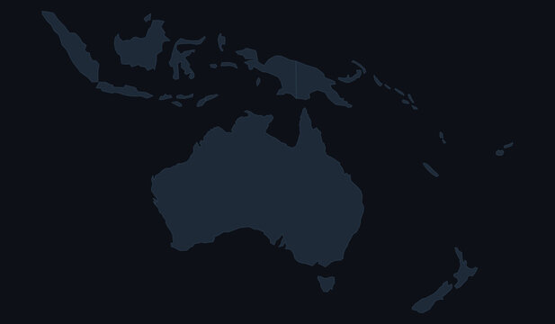 Map of australia and oceania, including indonesia, new zealand, and surrounding islands, dark blue silhouette on a dark background