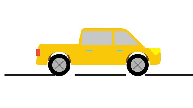 Yellow pickup truck animation moving on white background