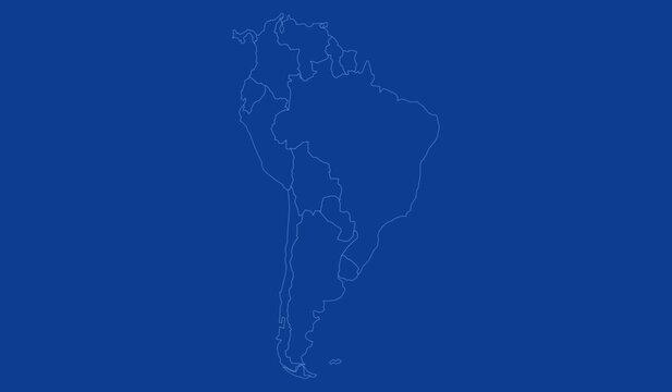 South america map outline with country borders on blue background blueprint style vector line art map of the south american continent for geography, educational, or business design