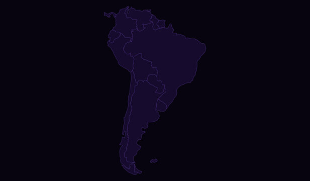 South america map outline, detailed vector illustration of the continent with country borders, dark purple design