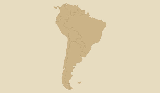 Blank map of south america, vector illustration of the continent with country borders