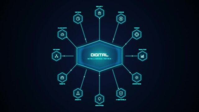 Futuristic digital ecosystem animation with glowing blue network nodes