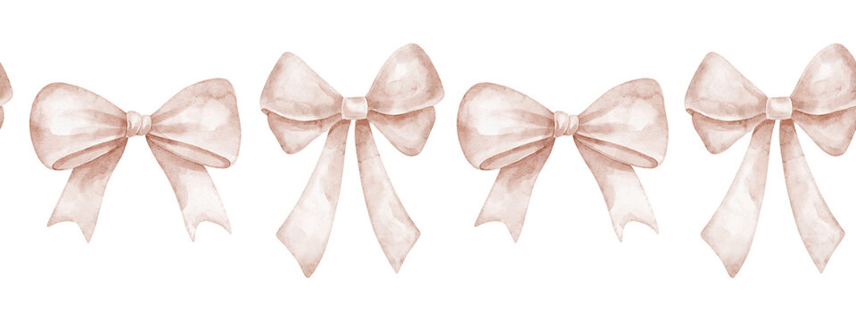 Watercolor pink bows seamless border. Illustration of elegant ribbon composition for wedding invitations, baby shower stationery, packaging and feminine design. Pattern for frames and dividers.