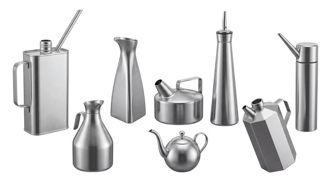 Modern stainless steel oil dispensers, professional kitchen cruet set, minimalist metallic olive oil bottles and pitchers isolated PNG with Transparent Background