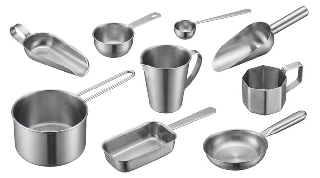 Stainless steel measuring cups and kitchen scoops set. Professional metal culinary tools for baking and cooking. Industrial silver food service equipment. isolated PNG with Transparent Background