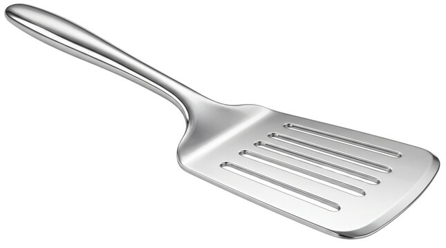 Stainless steel kitchen spatula with slotted turner head, polished chrome metal flipper for cooking, professional culinary tool for frying isolated PNG with Transparent Background