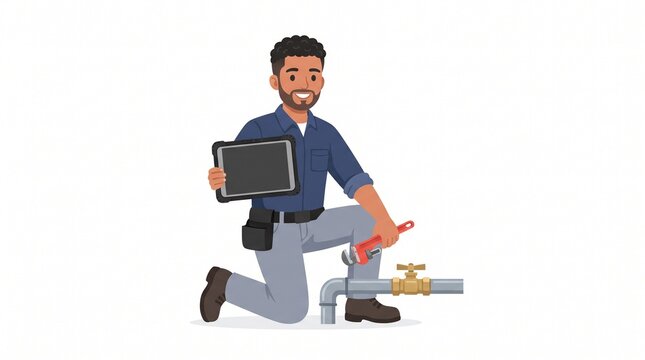 Illustration of a plumber kneeling with a wrench and a digital tablet