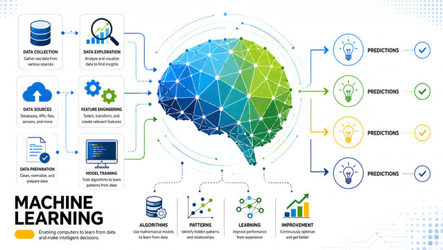 Machine learning process infographic featuring a digital brain with data inputs and output predictions. Artificial intelligence workflow diagram vector illustration. Ideal for tech presentations.
