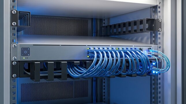 Network switch with connected blue ethernet cables in a server rack cabinet