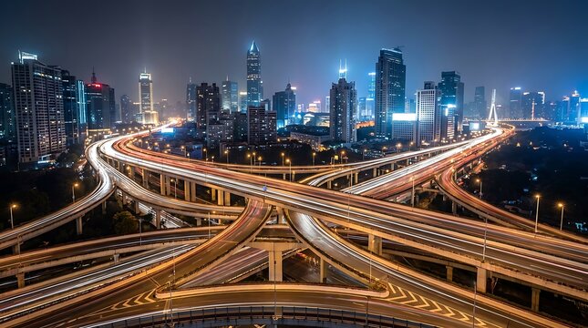Aerial view of city highway interchange with light trails and illuminated modern skyscrapers at night
