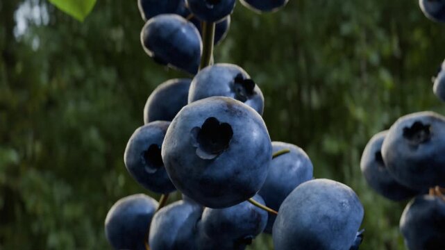Realistic 4K 3D animation showing blueberries growing from initial flower blossom to fully ripe fruit. Detailed time lapse transformation process for agricultural, nutrition, and food visuals.
