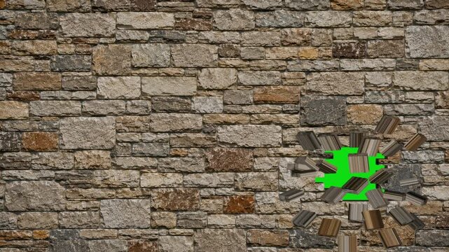 Collapsing Brick Wall to Green Screen | Stone Wall Destruction Animation 4K | Brick Wall Falling Apart | Green Screen Reveal Motion Graphics | Wall Demolition Transition | Stone Brick Explosion HD