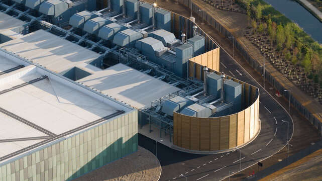 Aerial view of data center technology infrastructure