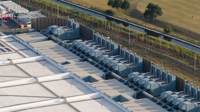 Aerial view of data center technology infrastructure