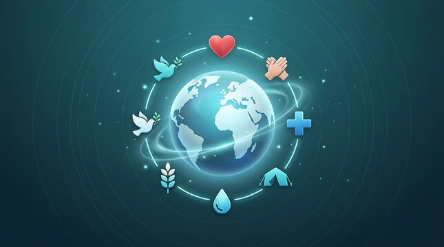 Global World Peace and Humanitarian Relief Concept Illustration with Symbolic Medical and Unity Icons