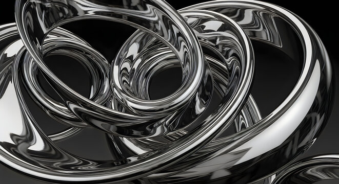 Abstract close up of shiny silver rings creating a beautiful artistic pattern with reflections on a dark background
