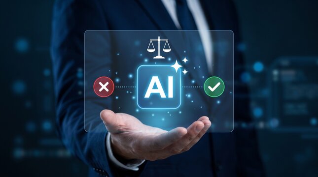 Businessman holding ai ethics hologram with balance scale with holographic ethics interface suited businessman scale checkmark responsibility