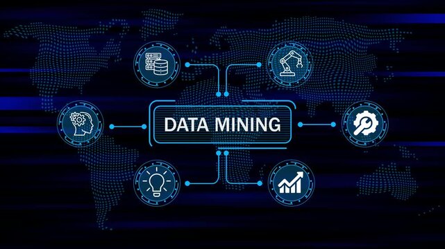 DATA MINING concept digital interface with business icons and global network and data flow futuristic technology world map background. 4k animation video 