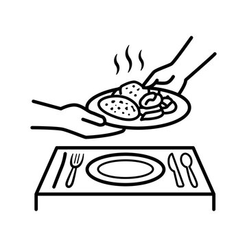 Minimalist line icon depicting a caregiver placing a healthy served meal on a table in front of an elderly person, illustrating daily nutrition assistance and home support.