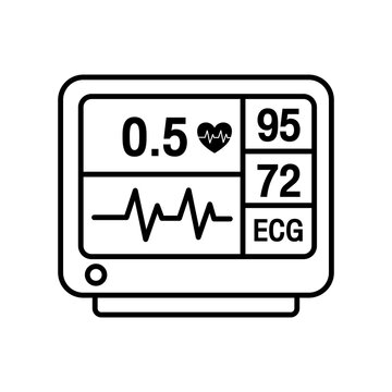 Minimalist line icon featuring an ECG heart monitor screen displaying vital signs, pulse rate, blood pressure readings, and cardiac health data for medical diagnostic tracking.