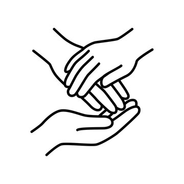 Minimalist line icon depicting a young caregiver gently holding an elderly person's hands, representing empathy, compassion, warmth, physical comfort, and dedicated senior caregiving.