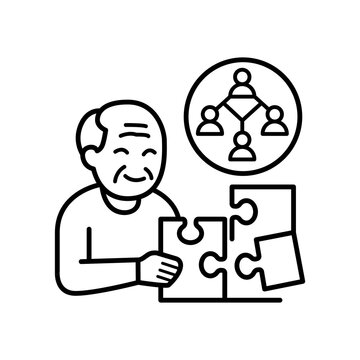 Minimalist line icon showing an elderly person solving a puzzle with a thought bubble above, representing brain exercises, memory training, cognitive health, and mental therapy.
