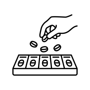 Minimalist line icon showing a hand placing pills into a weekly pill organizer, symbolizing prescription management, medication dispensing, adherence, and senior health safety.