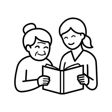 Minimalist line icon depicting a caregiver reading a photo book together with a senior woman, illustrating dementia care, memory stimulation, emotional comfort, and safe companionship.