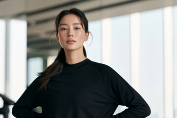 Fototapeta premium beautiful korean woman in luxury fitness gym, athletic korean woman wearing premium black activewear, elegant female fitness model with glowing skin and modern gym lifestyle