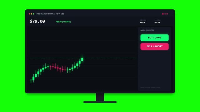 Stock trading candlestick chart on monitor over green screen