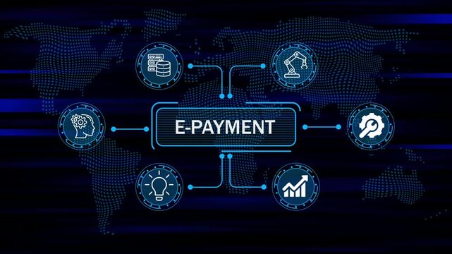 E-PAYMENT concept digital interface with business icons and global network and data flow futuristic technology world map background. 4k animation video 