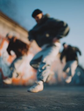 Three young men mid jump in a dynamic hip hop routine, motion blur emphasizing energy and movement against a colorful graffiti covered urban backdrop and bright sky