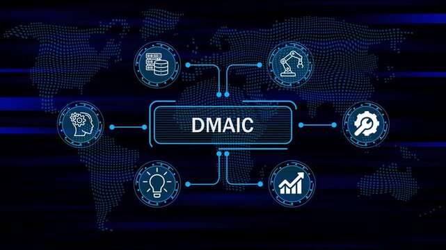 DMAIC concept digital interface with business icons and global network and data flow futuristic technology world map background. 4k animation video 