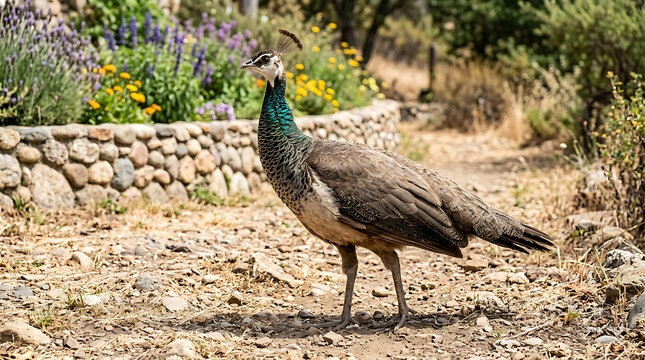 Beautiful female peacock standing on a rustic dirt path in a sunny garden park