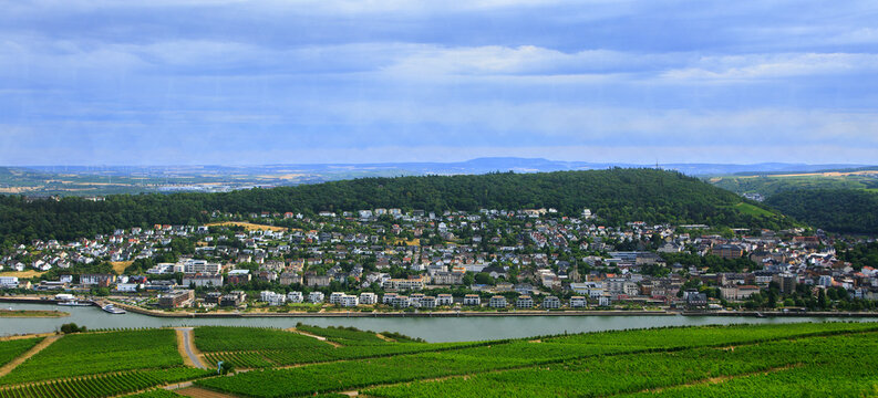 Summer Aerial view of Rudeshiem and the famous Vineyards below, which produce Reisling Wine.