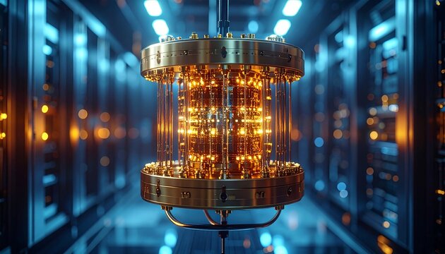 Quantum Computer Cryostat with Golden Wiring in Futuristic Laboratory Setting