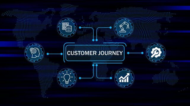 CUSTOMER JOURNEY concept digital interface with business icons and global network and data flow futuristic technology world map background. 4k animation video 