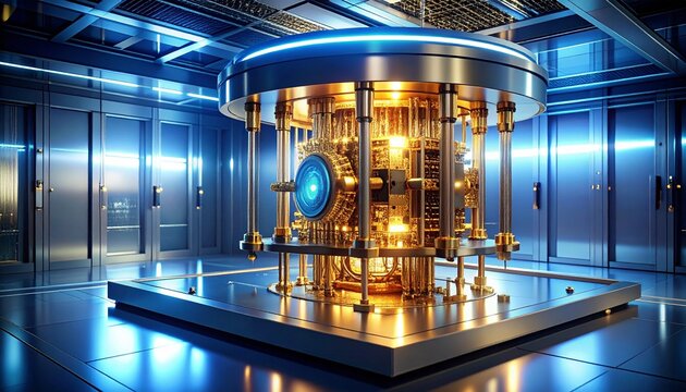 Quantum Computer Cryostat with Golden Wiring in Futuristic Laboratory Setting