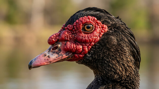 Close up portrait of a Muscovy duck head showing detailed red caruncles in nature