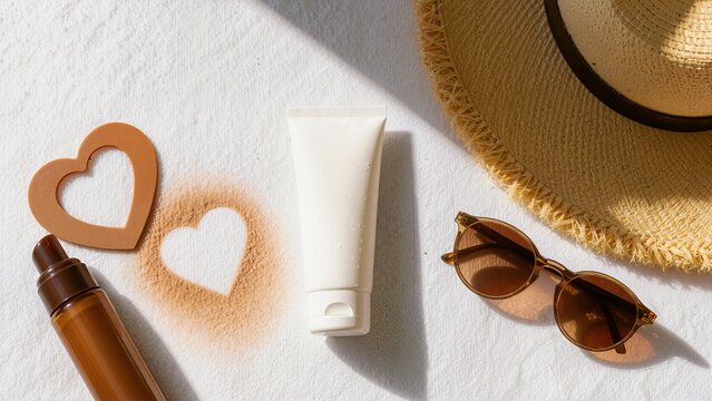 Sun tan tattoo stencil with heart shape on white fabric. Flat lay of sunscreen tube, bronzer spray, sunglasses, and straw hat. Summer skincare and self tanning concept