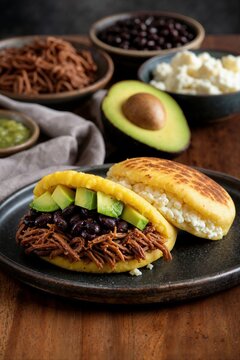 Traditional Venezuelan arepas stuffed with shredded beef, black beans, avocado, and cheese. Authentic South American cornmeal cakes on a dark plate