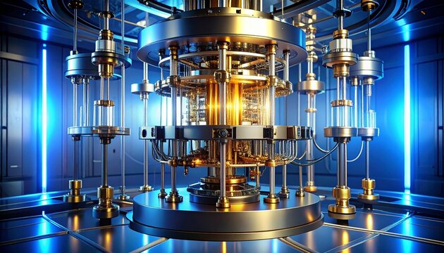 Quantum Computer Cryostat with Golden Wiring in Futuristic Laboratory Setting